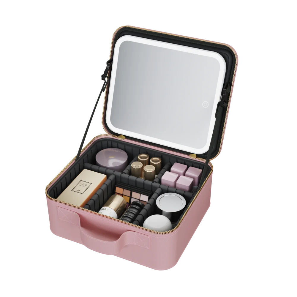 תיק איפור מחולק עם מראה ותאורת לד דגם MCB450 מבית MIRACASE בצבע ורוד